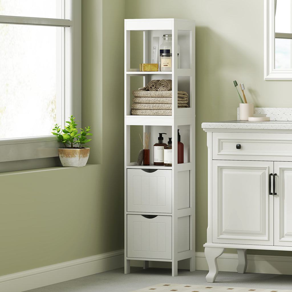 Bathroom Cabinet with 3 Open Shelves and 2 Wooden Drawers, 30x30x141.2 cm, White