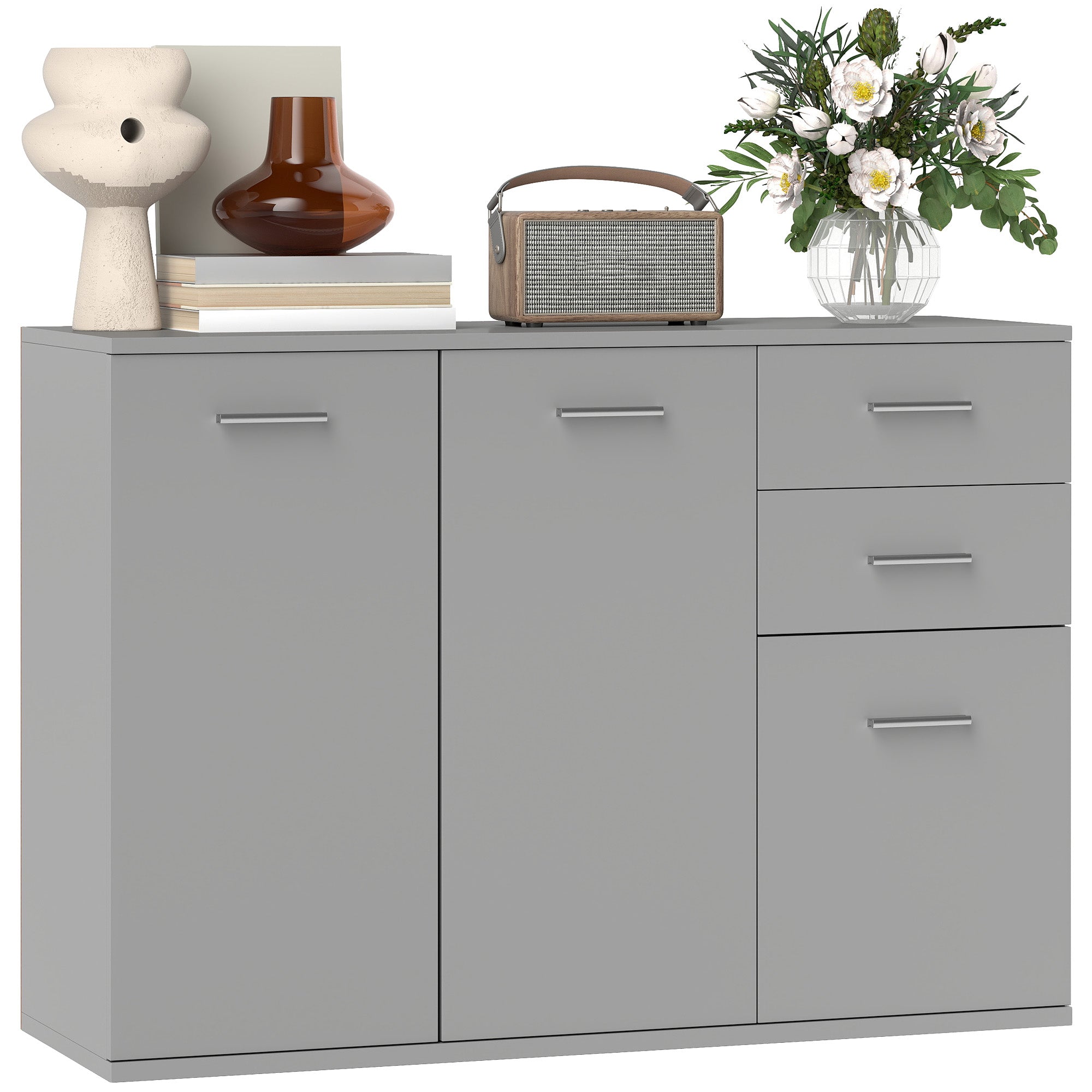 Modern Sideboard with 3 Cabinets and 2 Drawers, Wooden, 106x35x76 cm, Light Grey