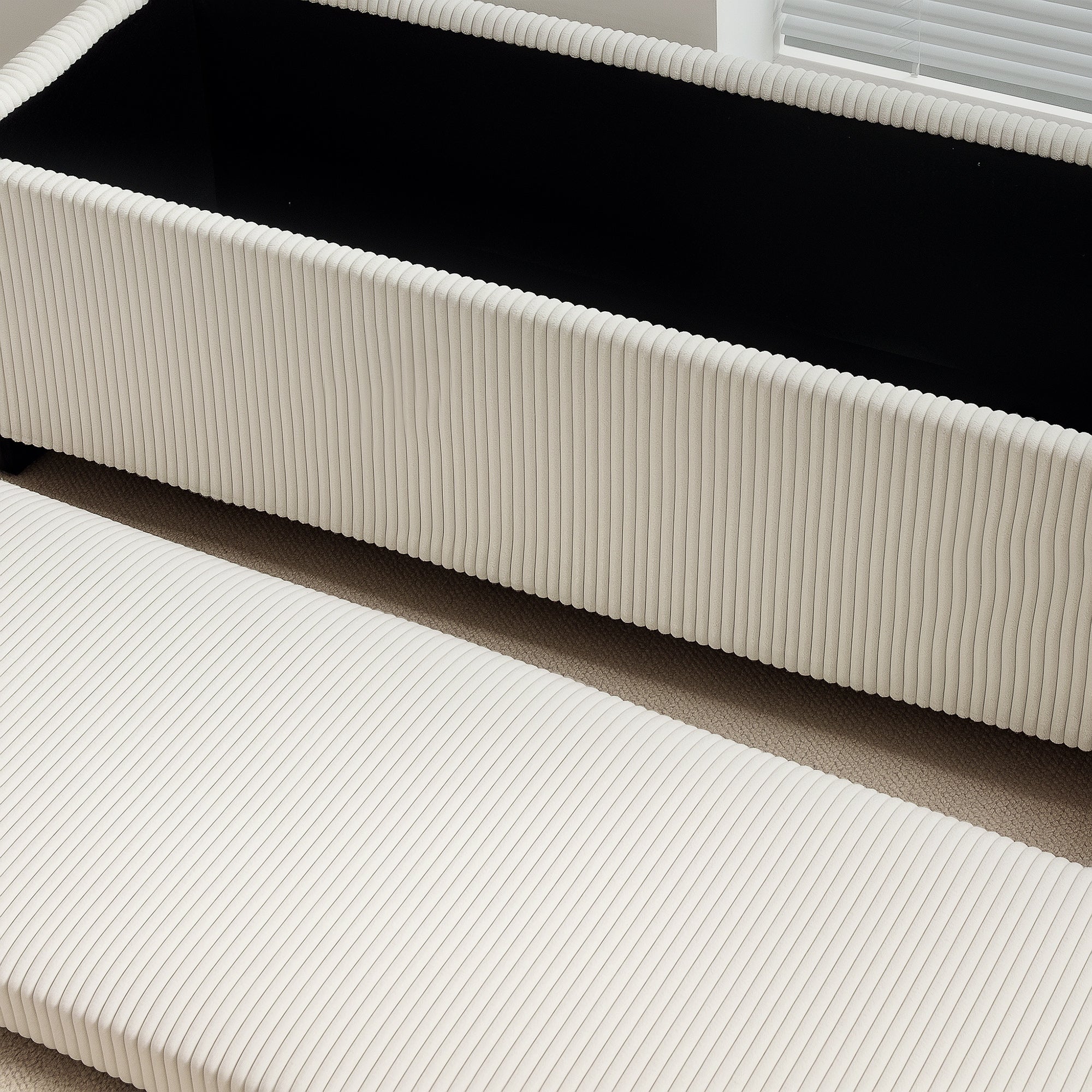 Bedside Bench with 84L Storage Space, Corduroy Effect Fabric and Steel, 112x42x40 cm, Beige