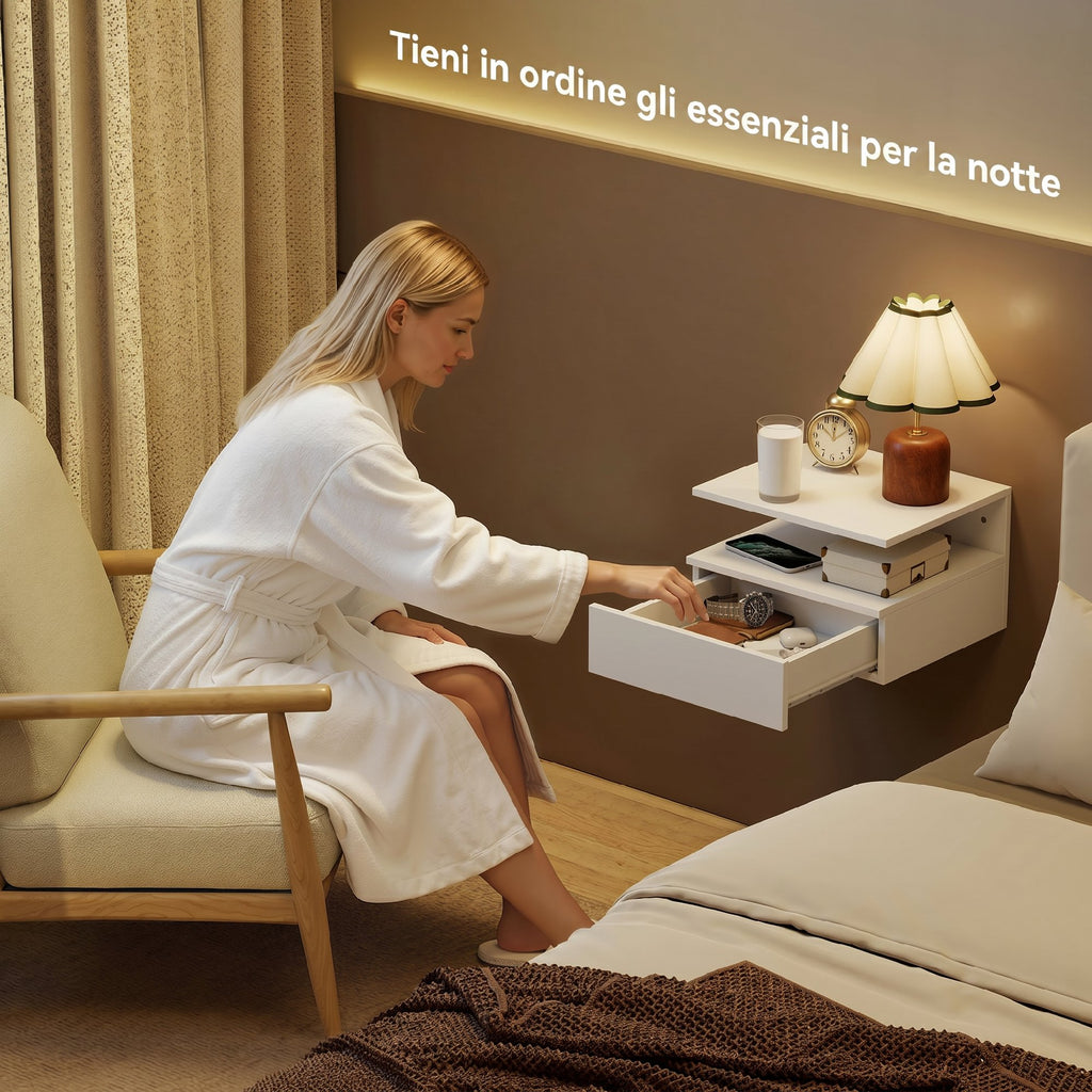 HOMCOM Set of 2 Floating Bedside Tables with Charging Station, Drawer and Open Shelf, Wooden, 40x35x30 cm, White