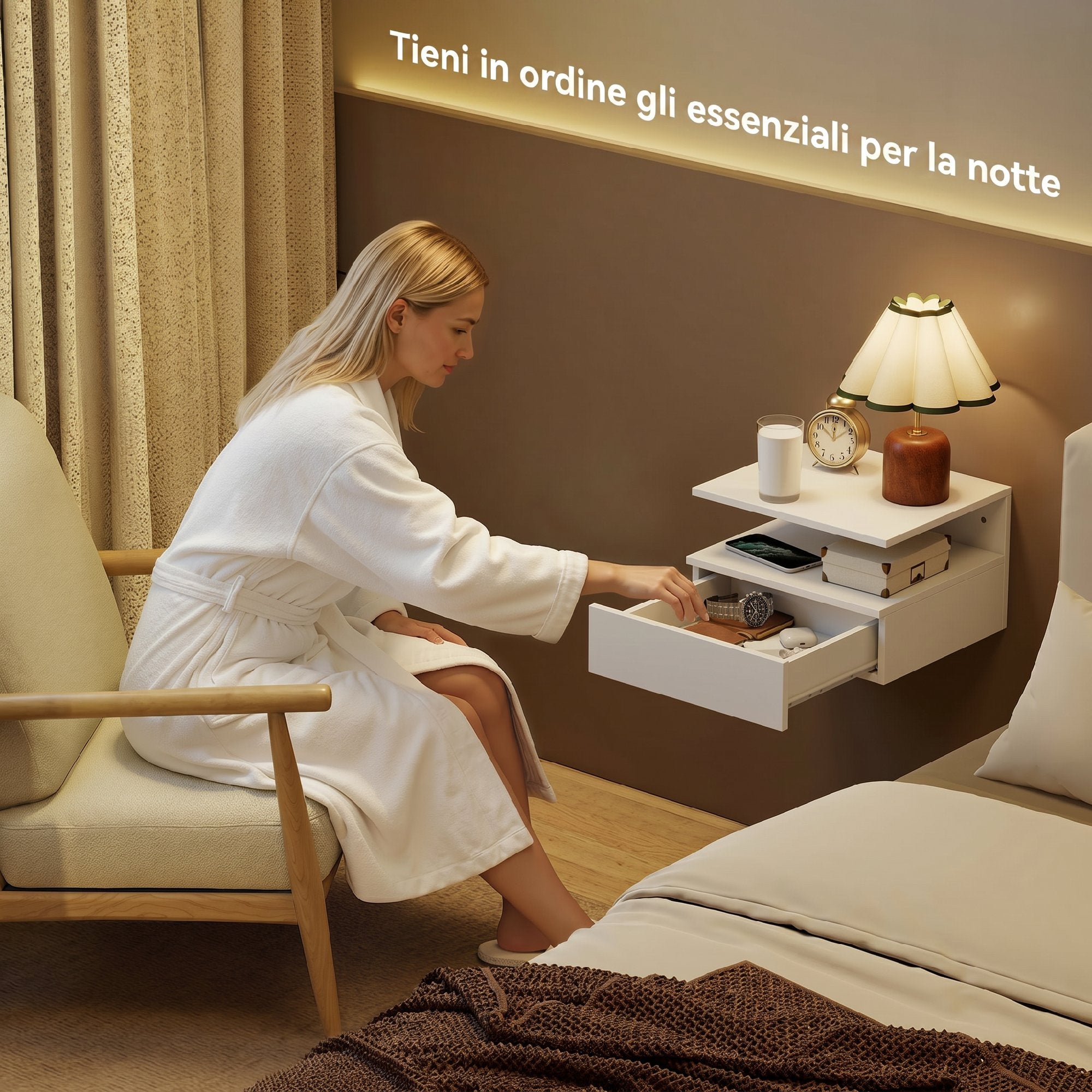 HOMCOM Set of 2 Floating Bedside Tables with Charging Station, Drawer and Open Shelf, Wooden, 40x35x30 cm, White
