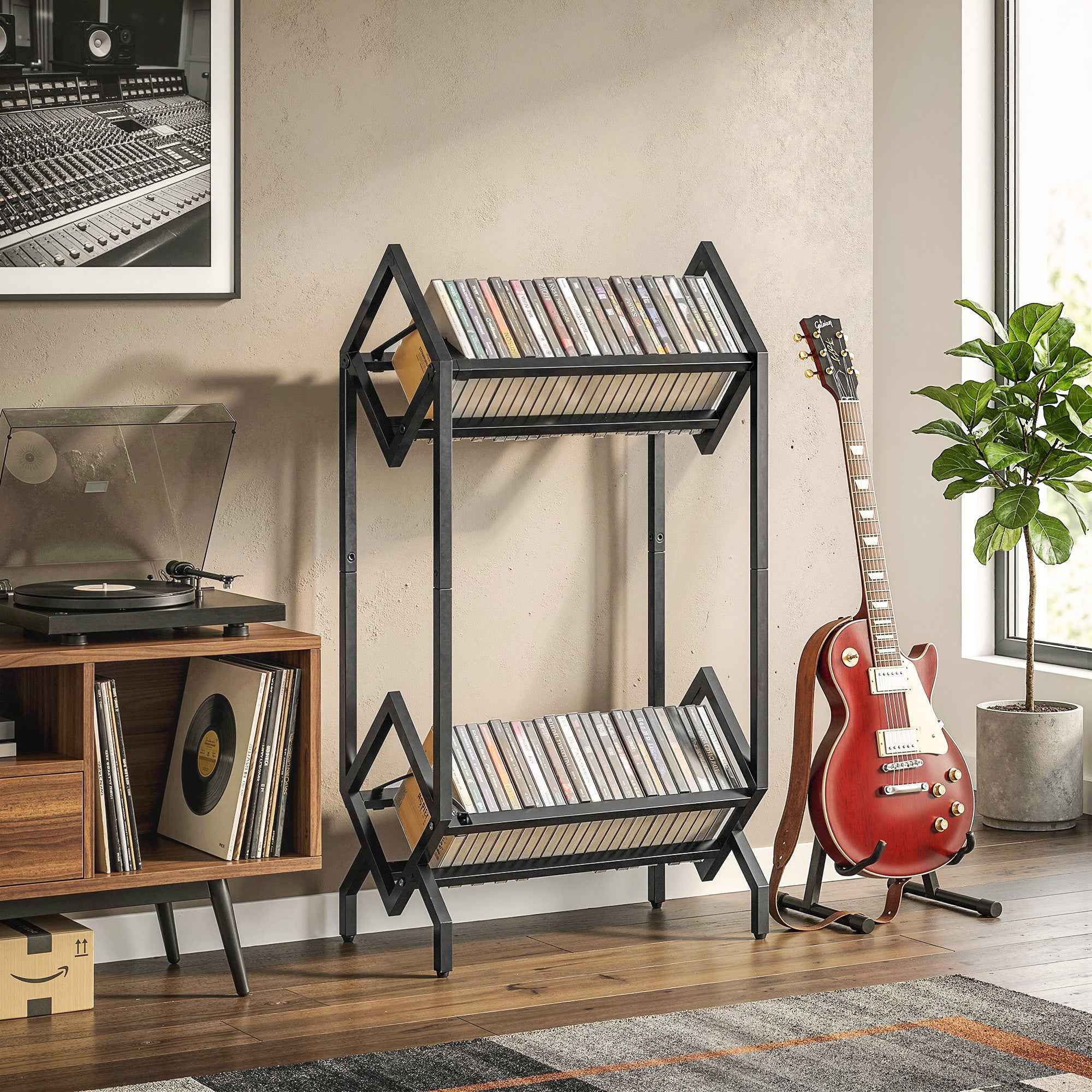 HOMCOM 50 CD Holder, 2-Tier Metal Vinyl Record Rack for DVDs, Books, Albums, Black