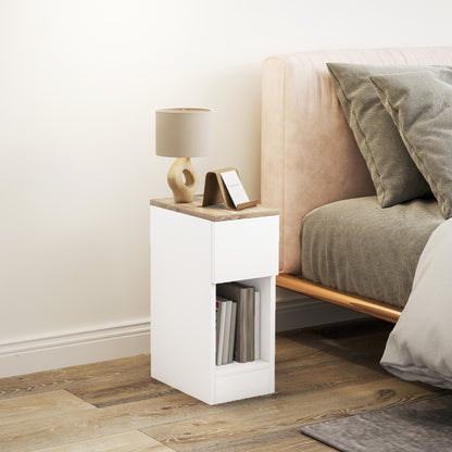 Modern Bedside / Side Table with Drawer and Wooden Shelf, 20x30x50 cm, White