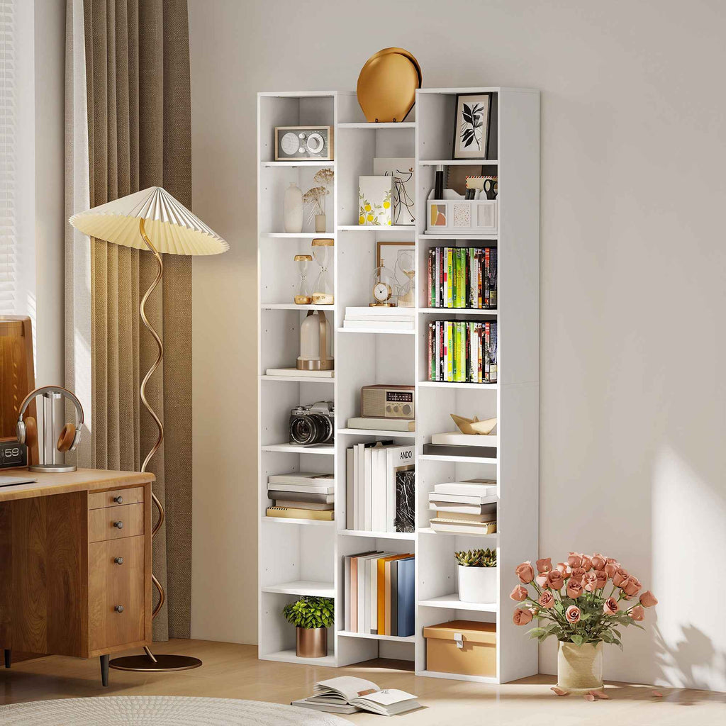 HOMCOM Modern Wooden Bookcase, 181 cm High, with 21 Compartments and 10 Adjustable Shelves, White