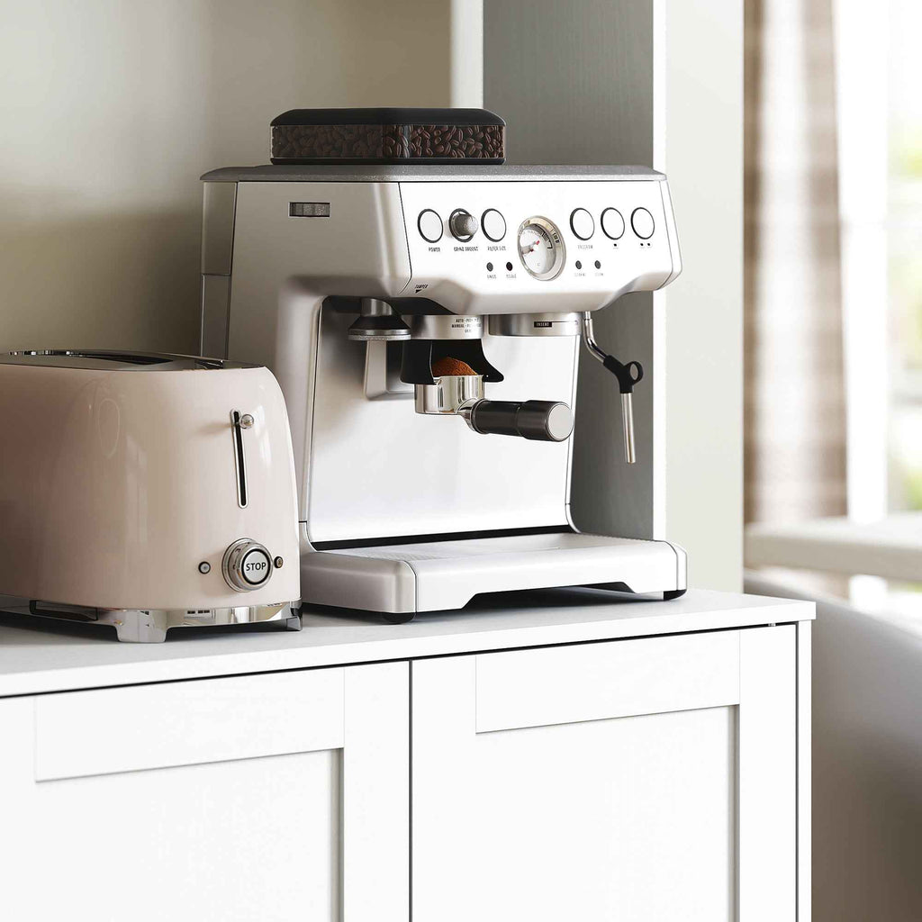 HOMCOM 4-Cup Pantry Unit with 2 Open Shelves and Worktop, Wood and Glass, 108x35x180 cm, White