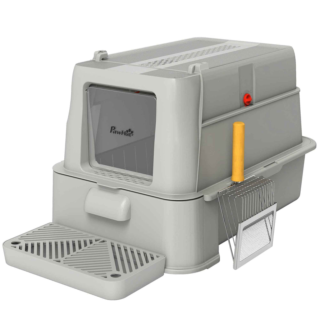 PawHut 80L Enclosed Cat Litter Box with Removable Tray, ABS and Stainless Steel, 63x43x43 cm, Light Grey