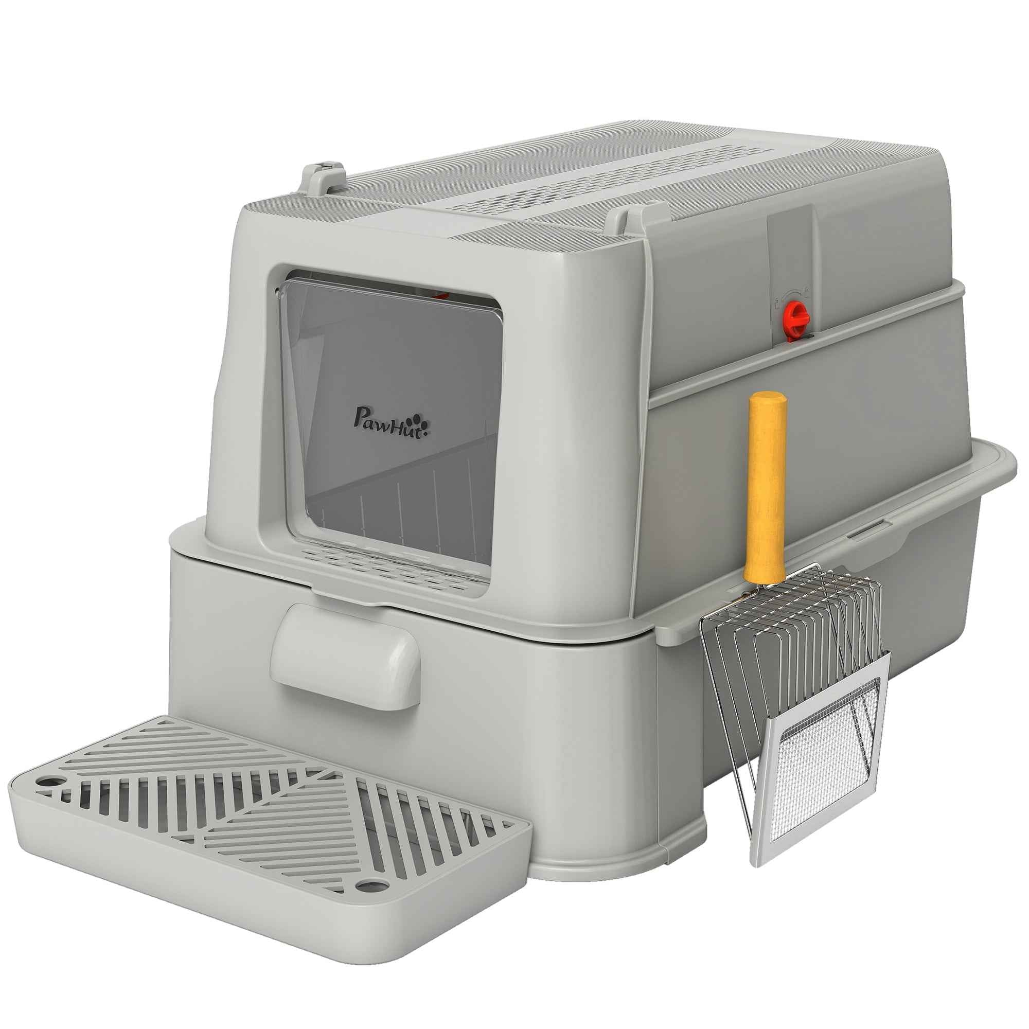 PawHut 80L Enclosed Cat Litter Box with Removable Tray, ABS and Stainless Steel, 63x43x43 cm, Light Grey