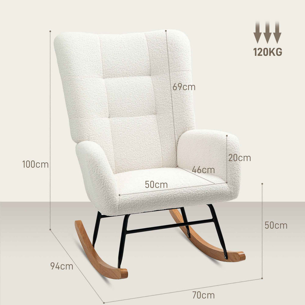 Teddy Velvet Rocking Chair, Metal and Wood for Bedroom and Living Room, 70x94x100 cm, Cream White