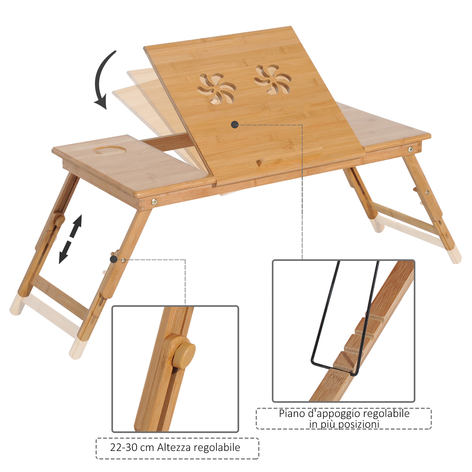Folding and Tilting PC Bed Table with Drawer, 72x35x22-30, Wood Color