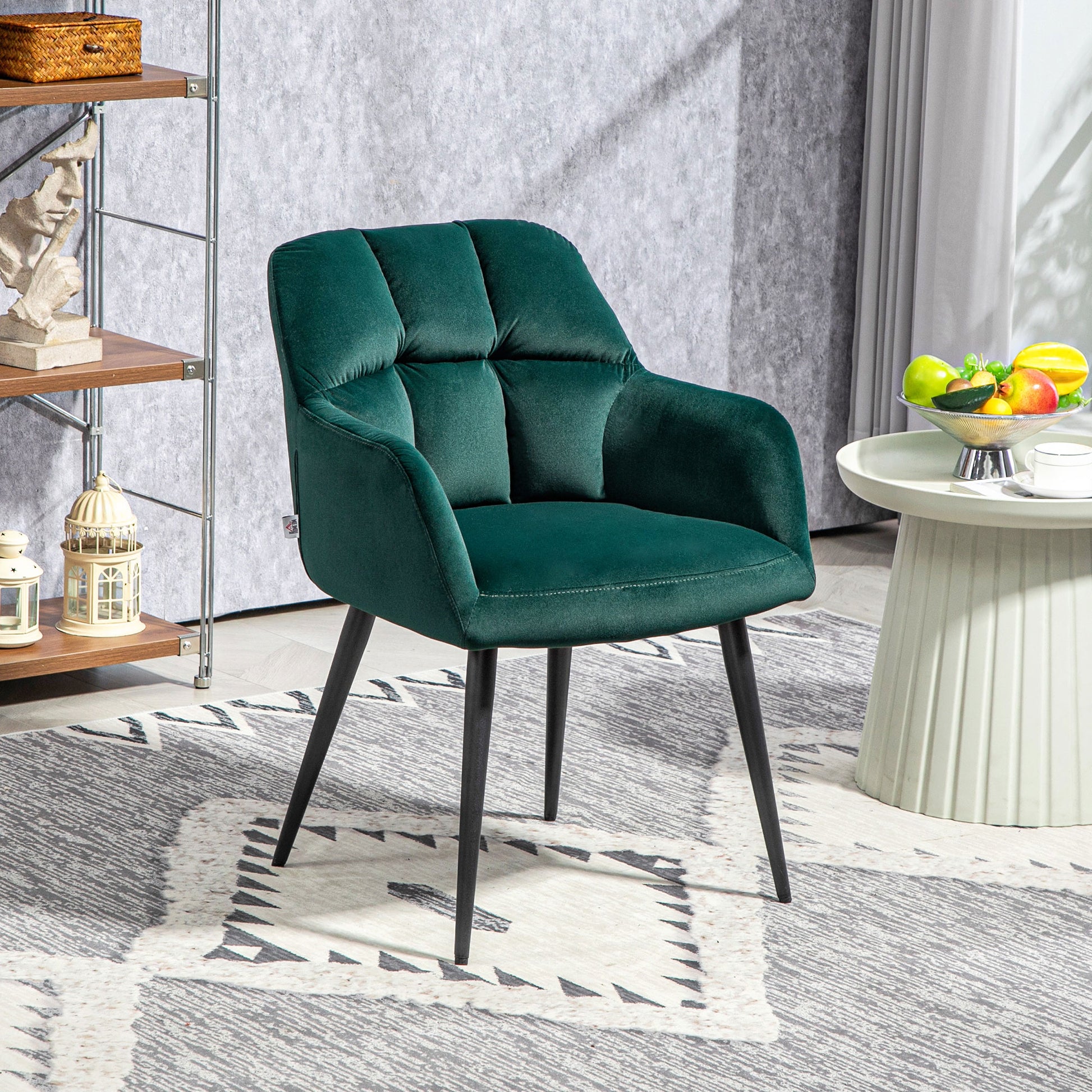 Velvet and Padded Lounge Armchair with Steel Legs and Extended Armrests, Green - Borgè