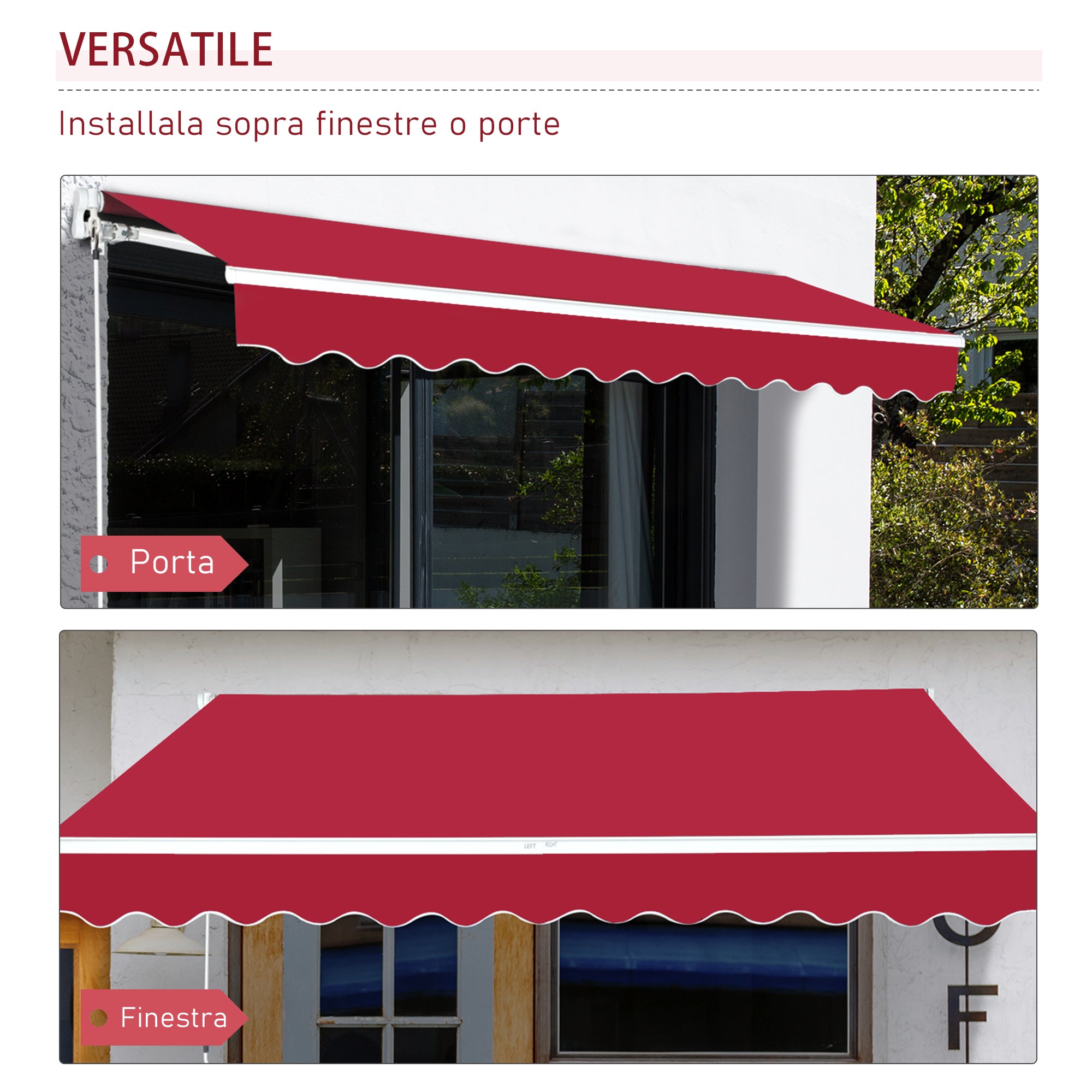 4x2.5m Hand Cranked Metal and Aluminum Outdoor Awning, Dark Red
