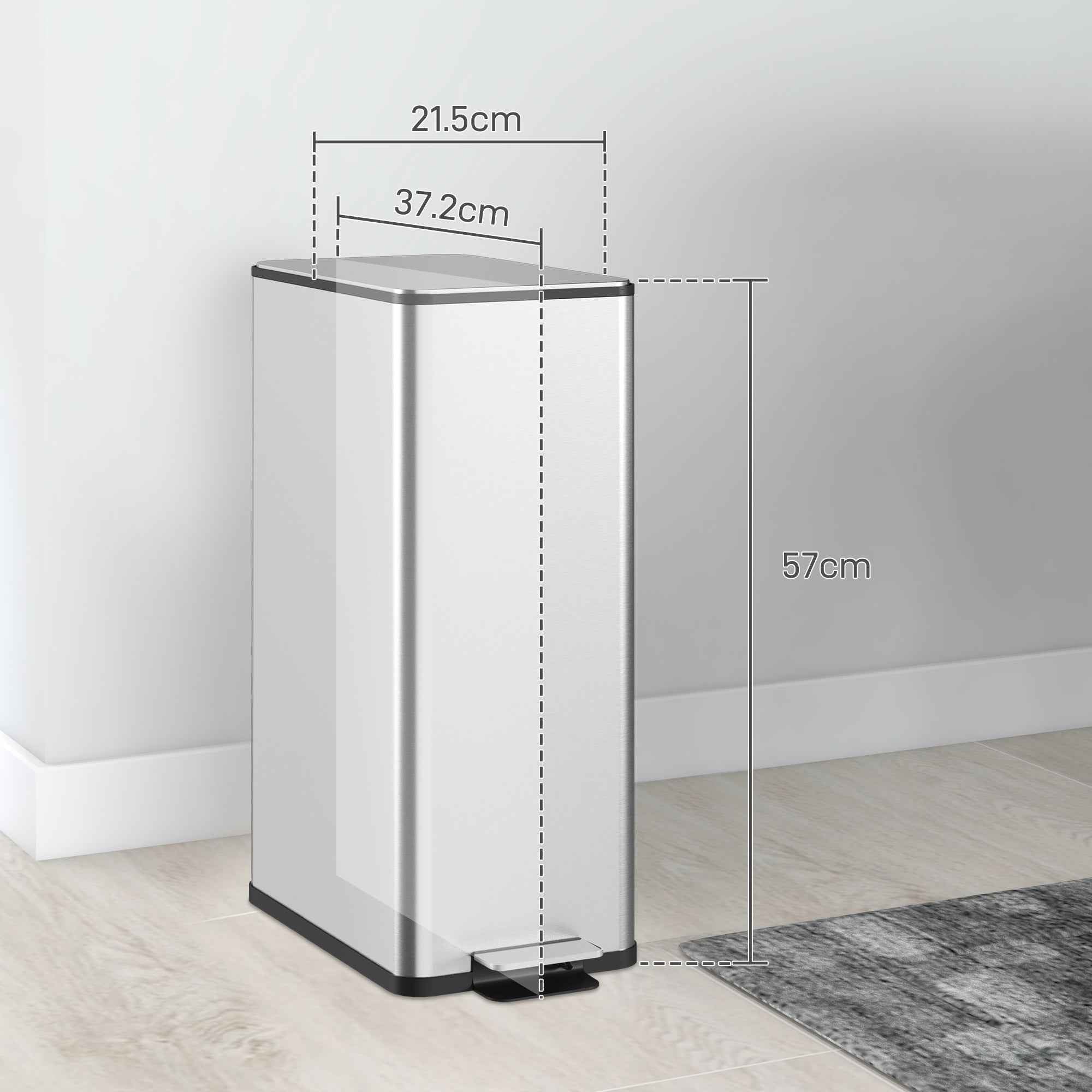 HOMCOM 20L Dustbin with Soft Closure and Removable Bucket, Steel and PP, 21.5x37.2x57 cm, Silver