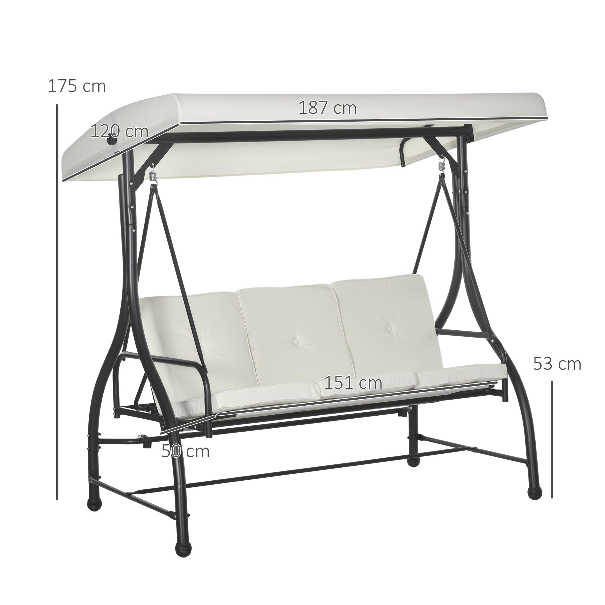 Outsunny Outusunny Swinging 3-Seater Garden Bed with Adjustable Canopy, in Steel and Polyester, 195x117x175 cm, Cream and Black - Borgè