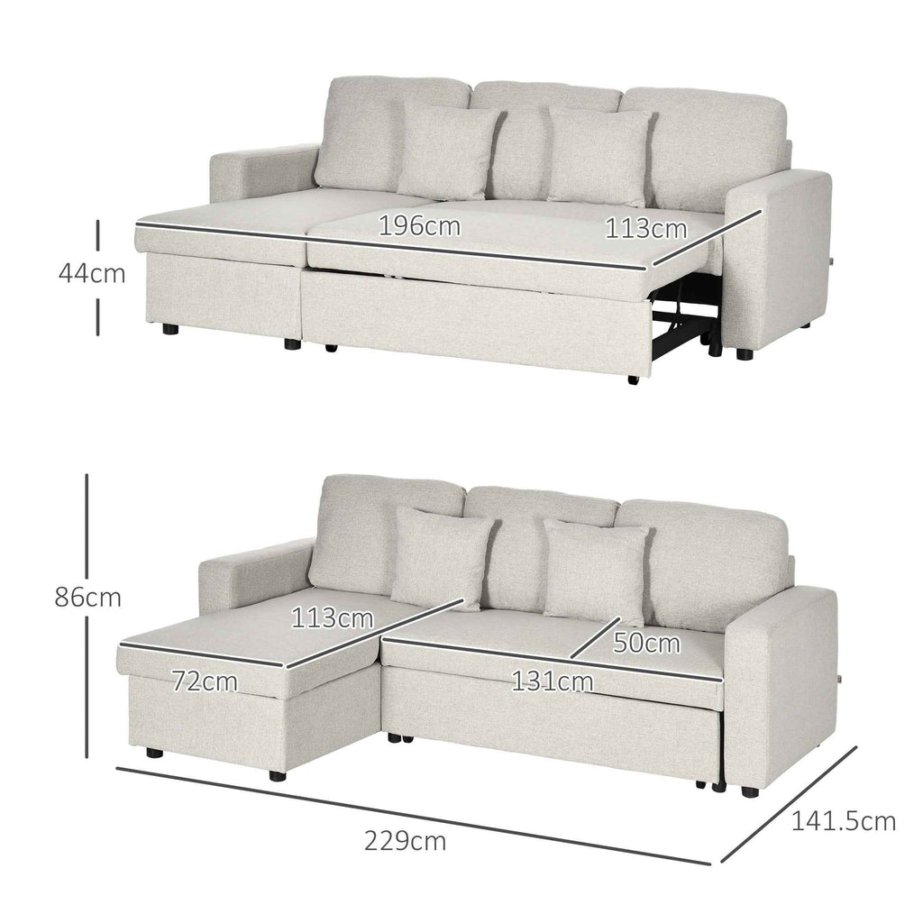 Corner Sofa Bed with 2 Seater Seat and Peninsula, Storage Compartment and 2 Fabric Cushions, Cream