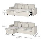 Corner Sofa Bed with 2 Seater Seat and Peninsula, Storage Compartment and 2 Fabric Cushions, Cream