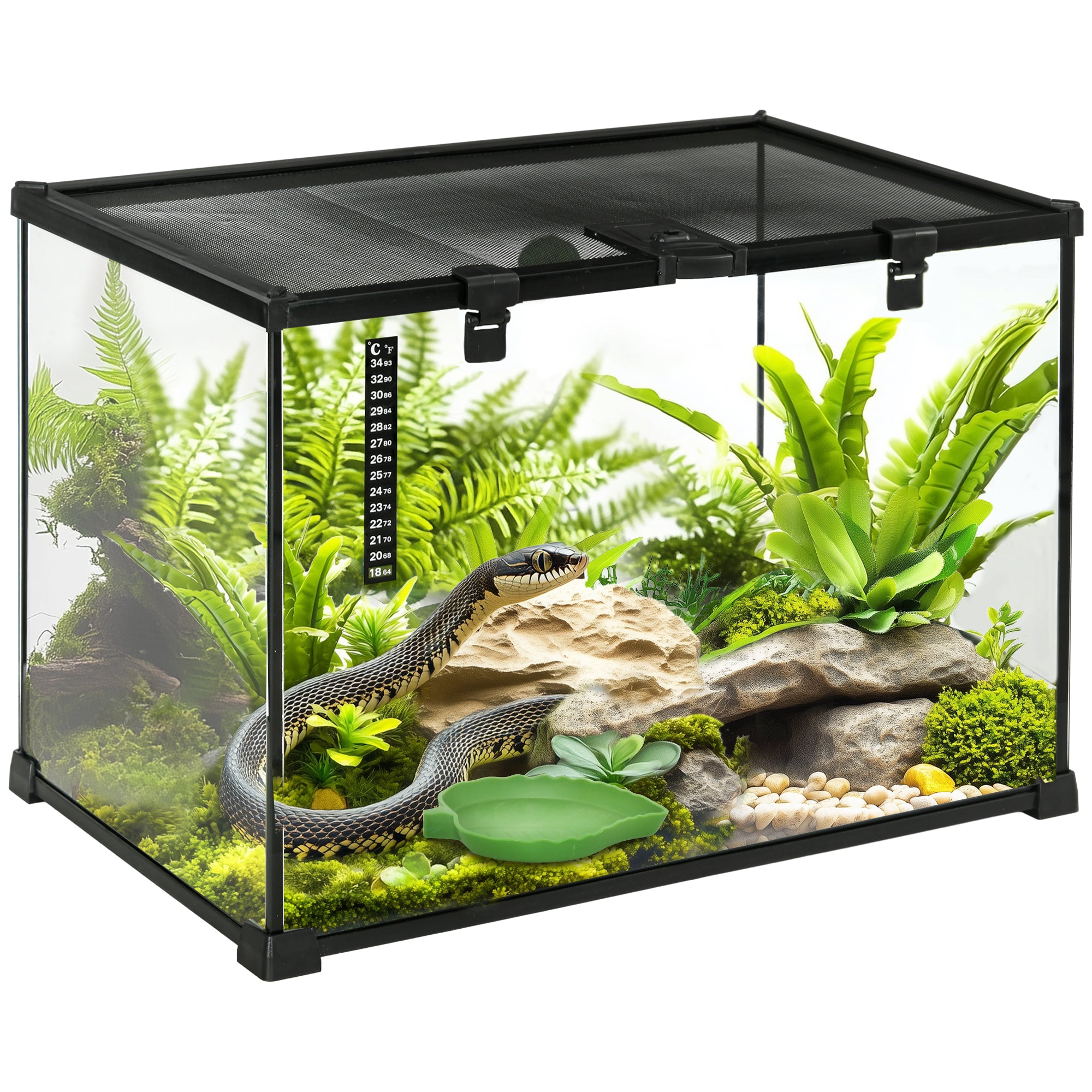 Reptile Terrarium, Reptile Breeding Box, Terrarium Hut, Sliding Lid, Metal Grid, Thermometer, Black