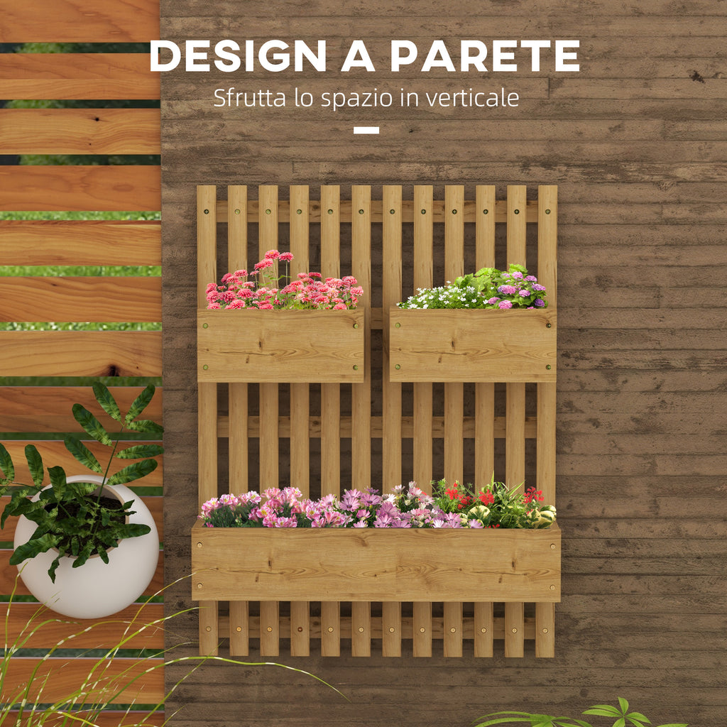 Vertical Slatted Planter with 3 Removable Pots, in Fir Wood, 60x16x80 cm, Burnt Brown