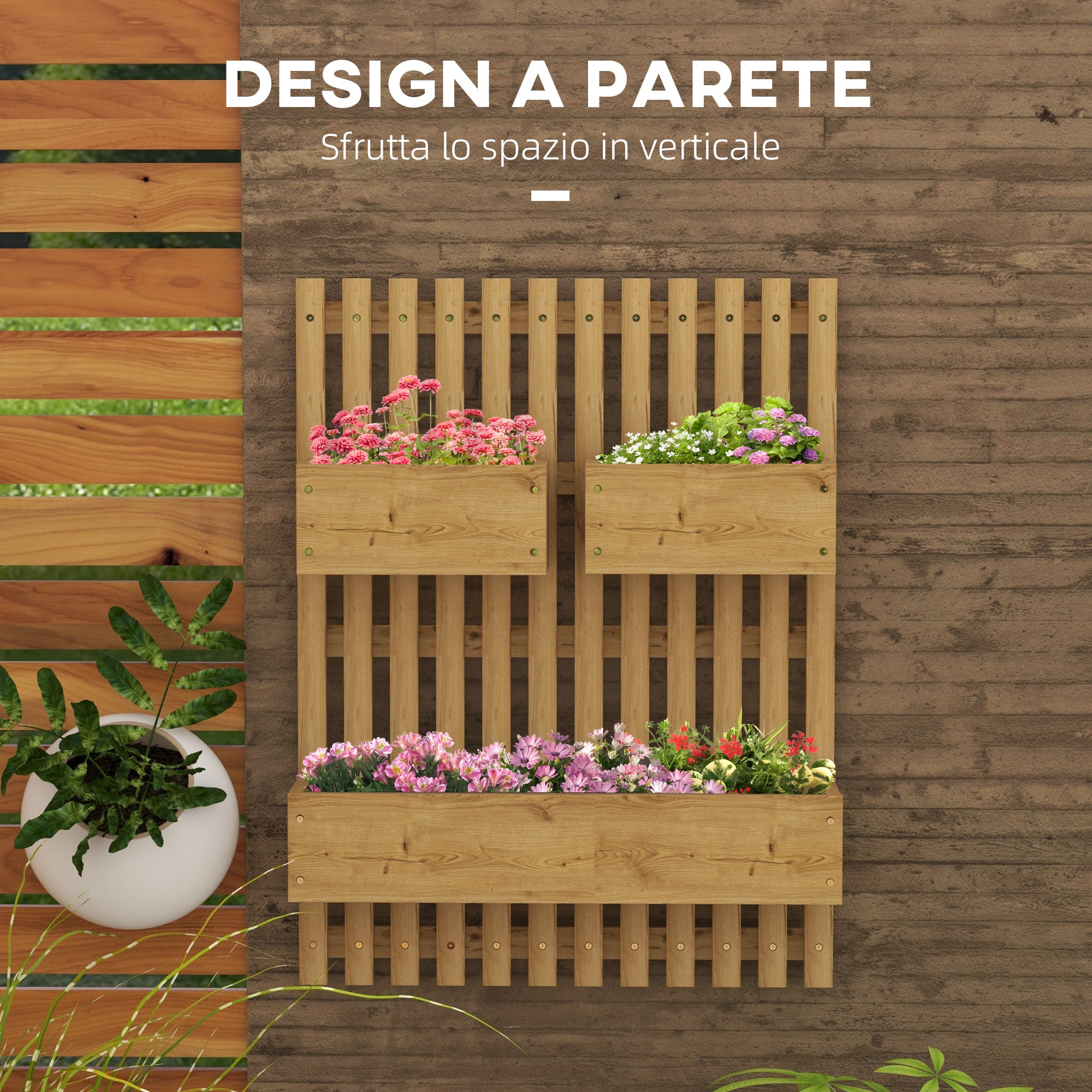 Vertical Slatted Planter with 3 Removable Pots, in Fir Wood, 60x16x80 cm, Burnt Brown