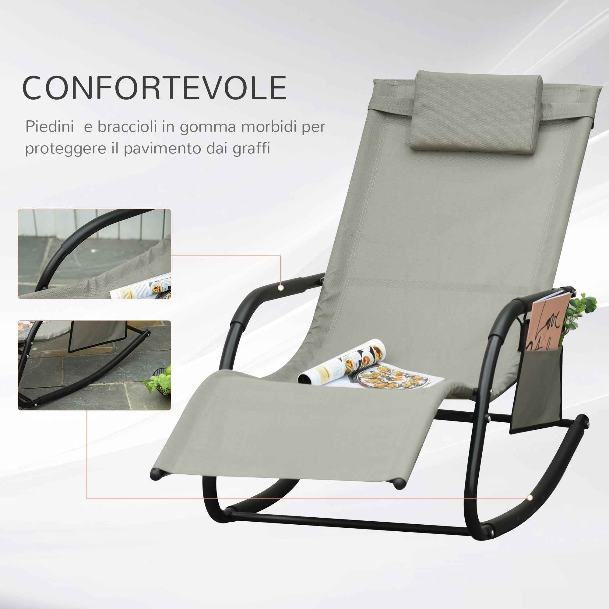 Outsunny Garden Rocking Chair with Headrest and Side Pocket, 150x62x88 cm, Black and Grey