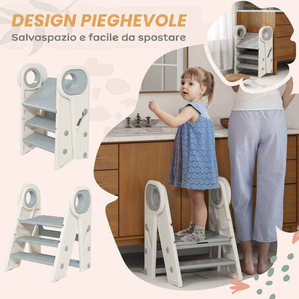 AIYAPLAY Montessori Tower for Children, Foldable, 3-Step Adjustable, with Handle and Non-Slip Surface, Grey