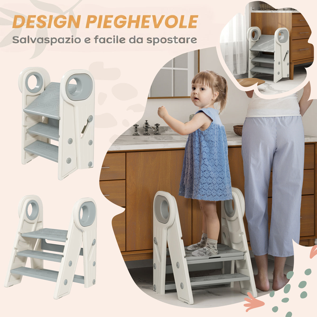 AIYAPLAY Montessori Tower for Children, Foldable, 3-Step Adjustable, with Handle and Non-Slip Surface, Grey