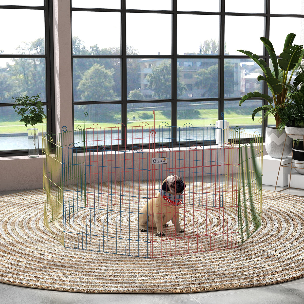 PawHut 8-Panel Dog Gate with Snap Lock, for Medium Dogs, Steel, Ø156x60 cm, Multicolor