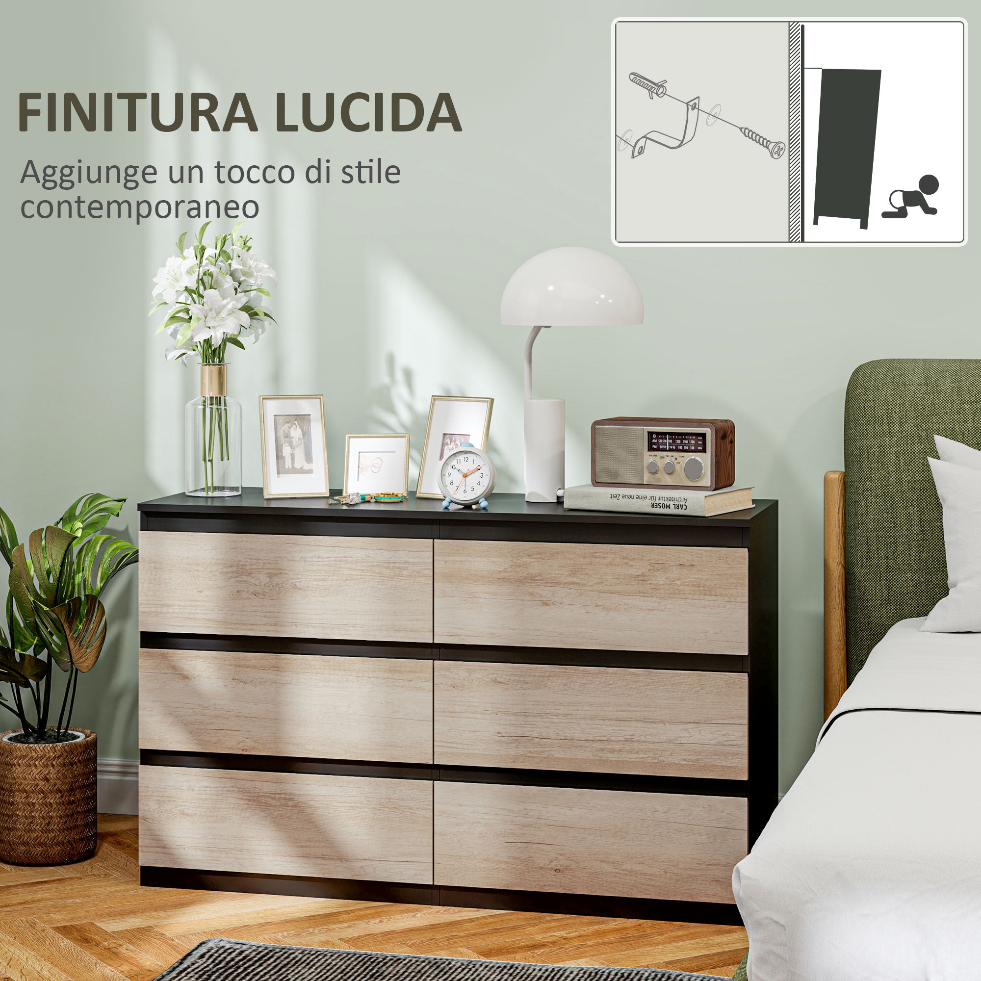 Chest of 6 Drawers for the Bedroom in Wood with Metal Guides, 120x39x75 cm, Black and Wood Color