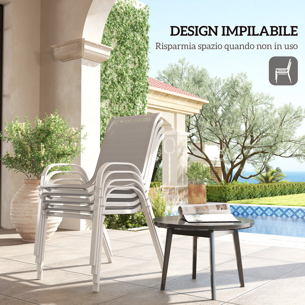 Outsunny Set of 4 Stackable Garden Chairs with Curved Armrests, Steel and Breathable Fabric, 54x71x93 cm, Grey and White