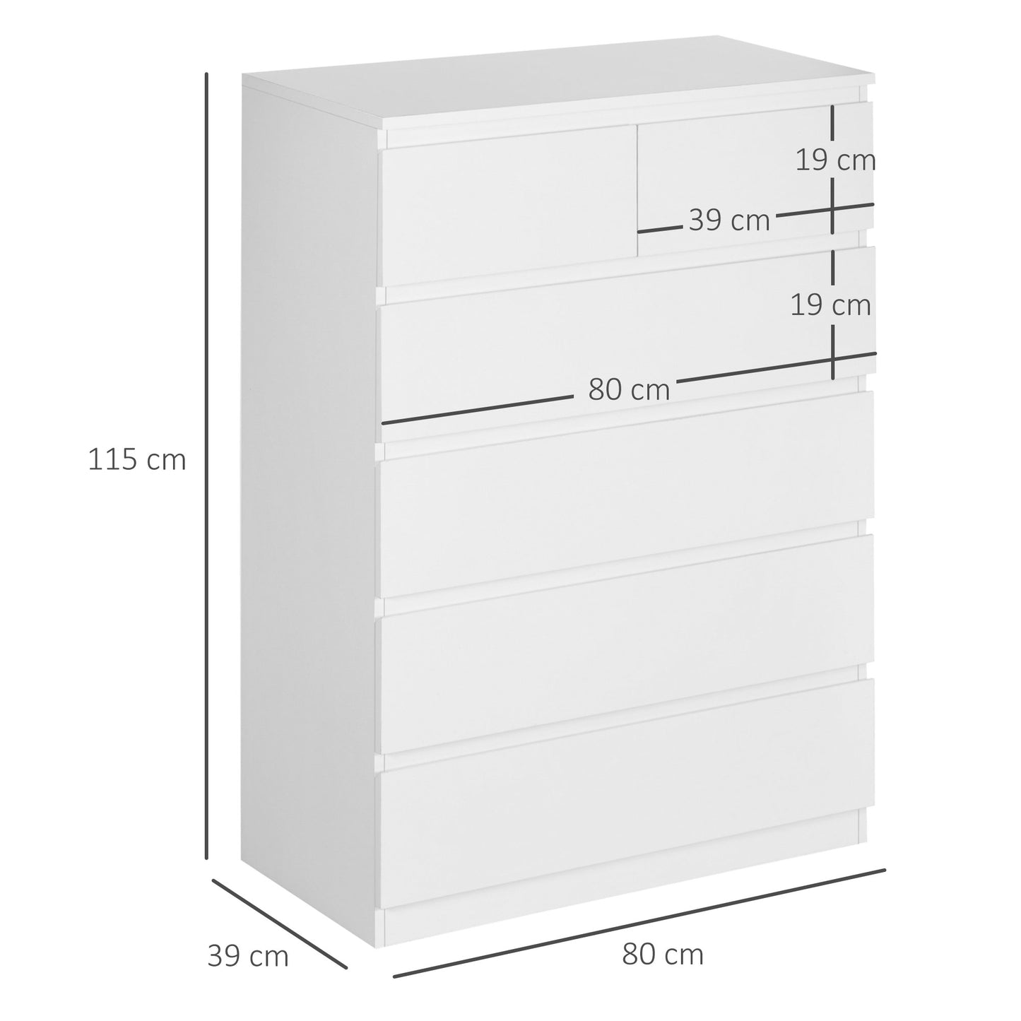 Chest of 6 Drawers with Anti-Tip Design, in Chipboard, 80x39x115 cm, White