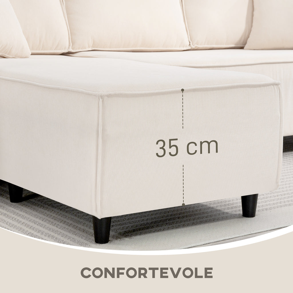 3 Seater Sofa with Peninsula in Velvet Effect Fabric, Foam and Nylon, 241x153x83 cm, Cream White