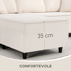 3 Seater Sofa with Peninsula in Velvet Effect Fabric, Foam and Nylon, 241x153x83 cm, Cream White