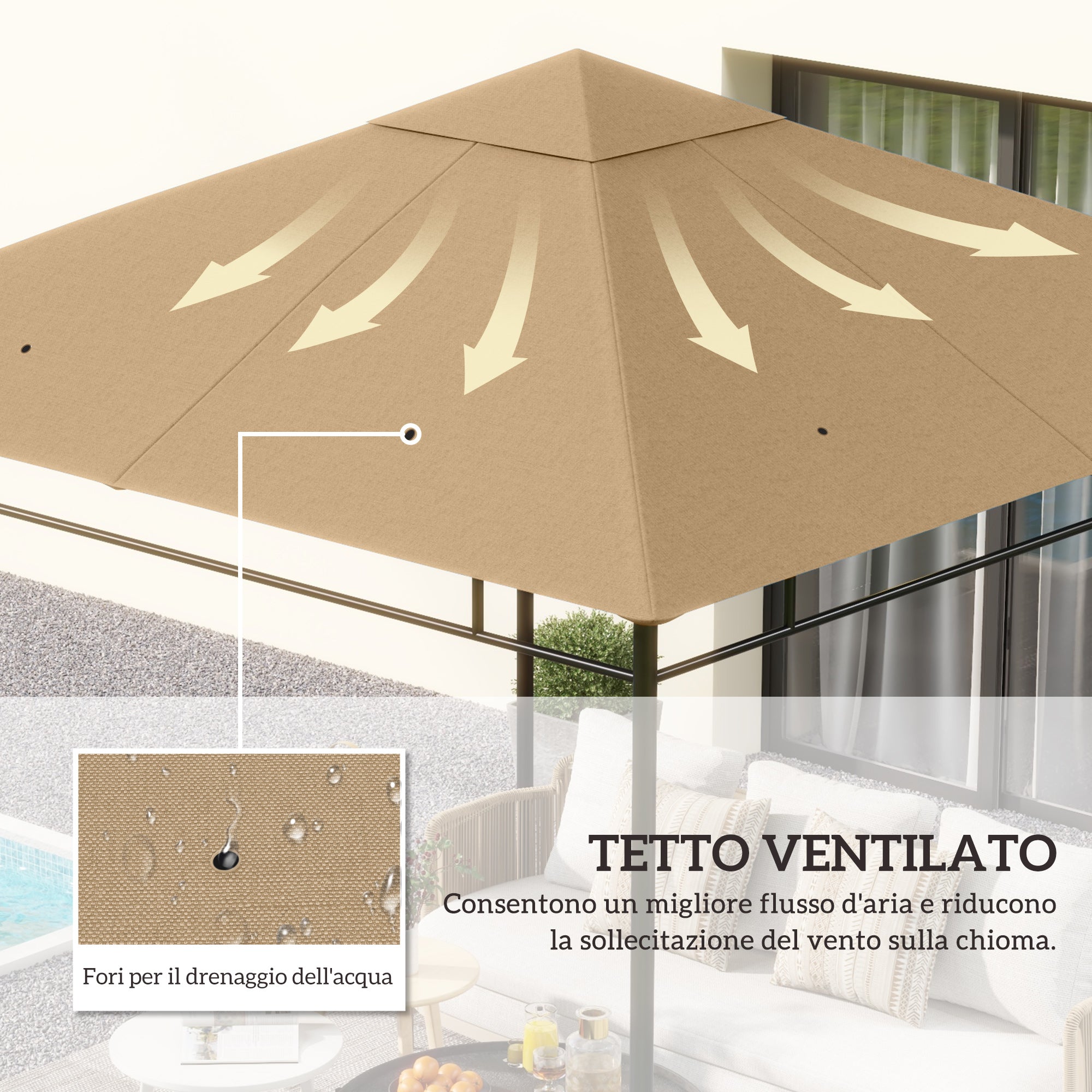 Outsunny 3x3m Polyester Gazebo Replacement Roof with Air Vents and Drainage Holes, Beige