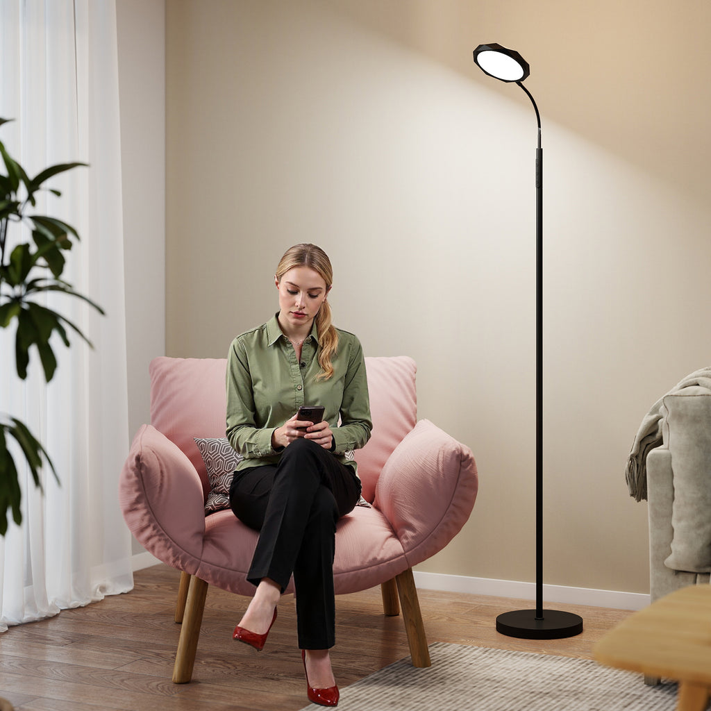 LED Floor Lamp with Remote Control, Swivel Head, Brightness and Temperature Adjustment, Black