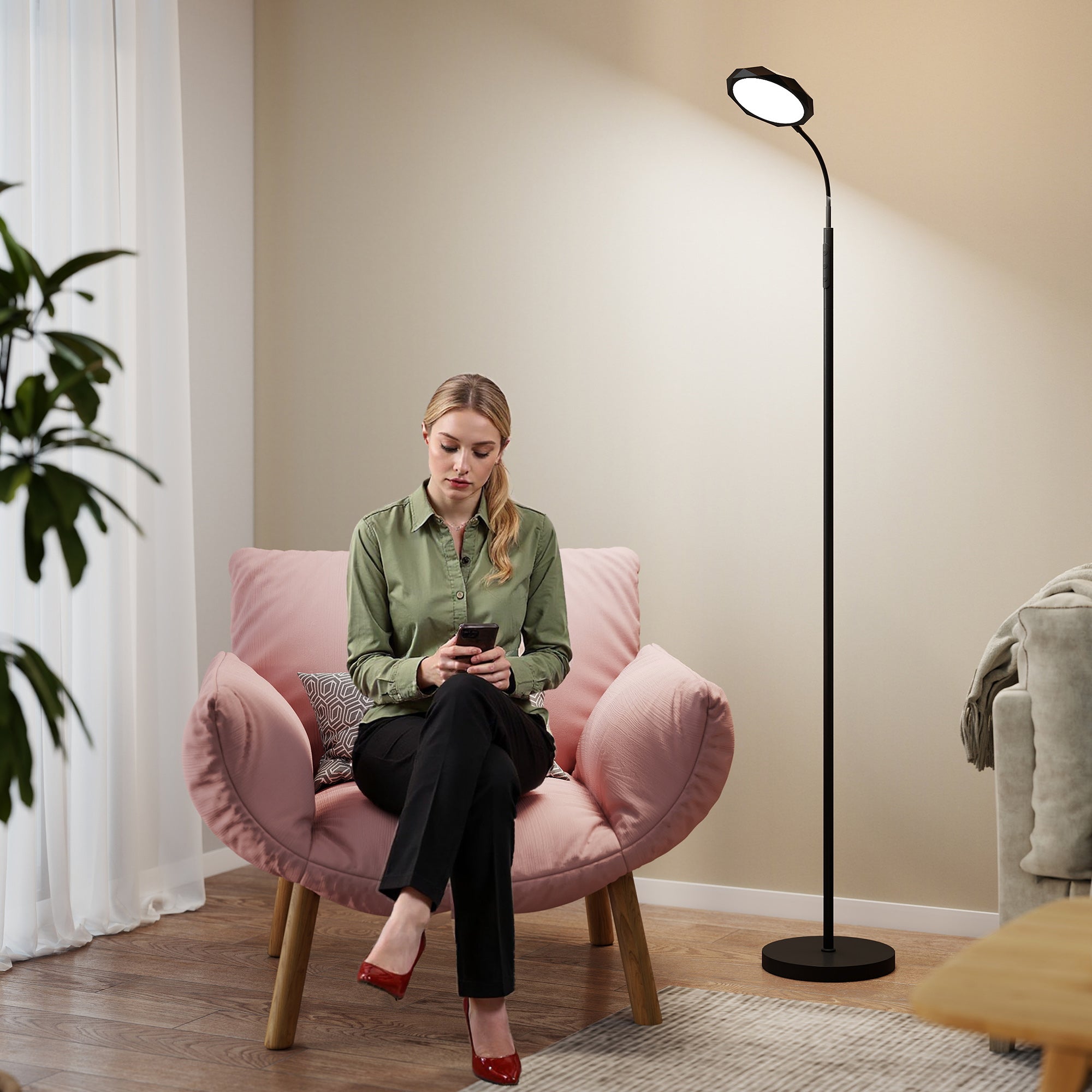 LED Floor Lamp with Remote Control, Swivel Head, Brightness and Temperature Adjustment, Black