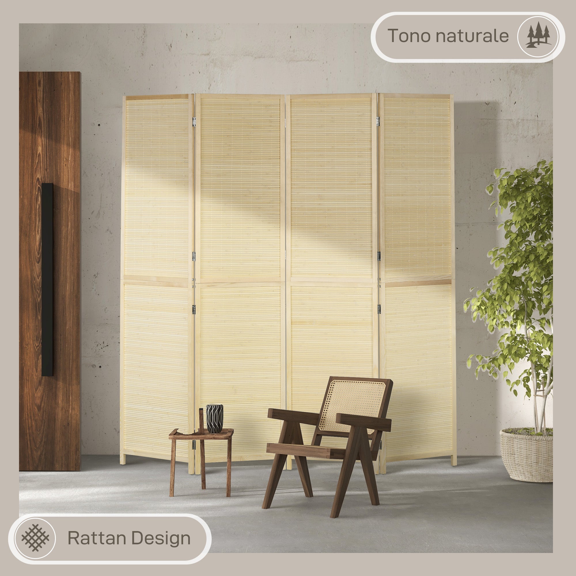 HOMCOM Folding Interior Screen with 4 Doors, Rattan Bamboo Room Divider, 180x1.6x180 cm - Borgè