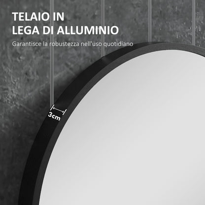 Oval Mirror with 3 Hooks, Wall Mount, in Aluminum Alloy and Glass, 40x70x3 cm, Black