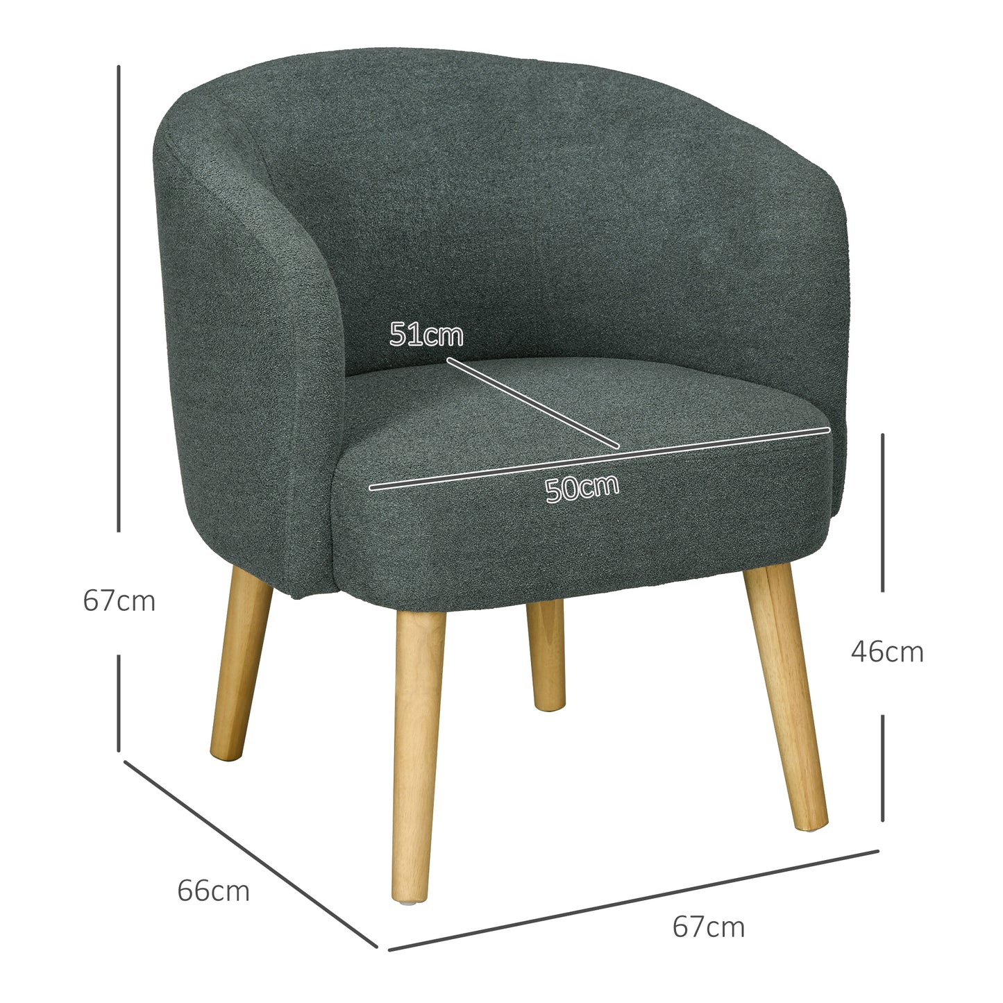 Modern Teddy Fabric Barrel Armchair with Padding and Wooden Legs, Dark Green