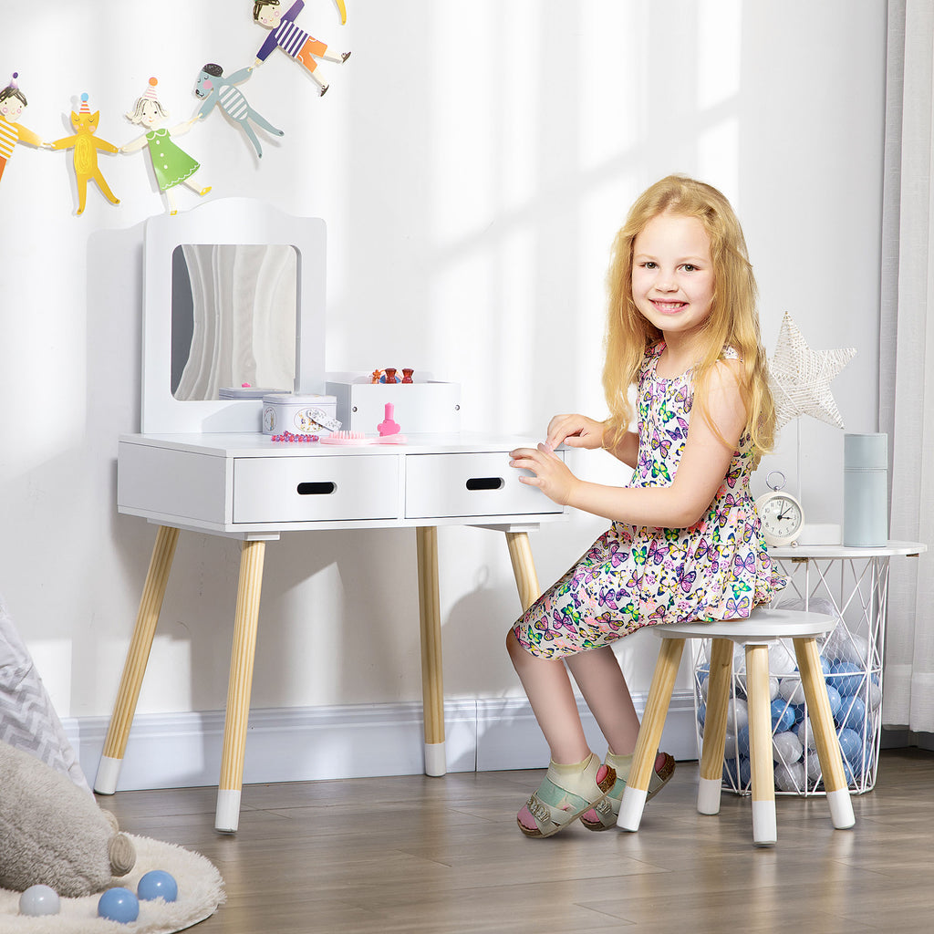 Children's Dressing Table Set with Makeup Table and Stool, Mirror and 2 Drawers, White and Wood Color