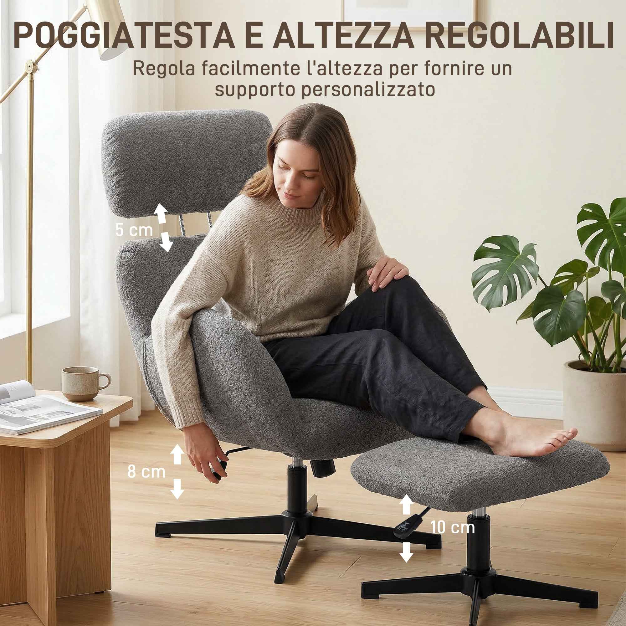 Swivel Chair with Footrest, Height-Adjustable with Adjustable Headrest, Rocking Function, Grey