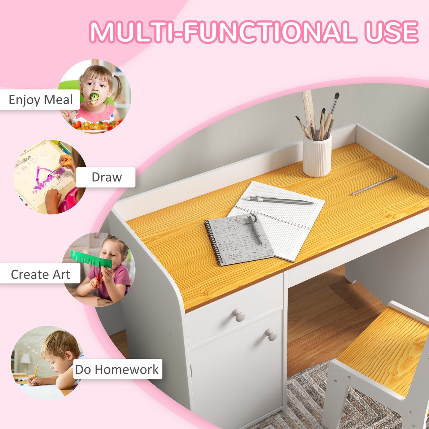 Zonekiz school desk and chair for children for 3-6 years with drawer and white wooden cabinet - Borgè