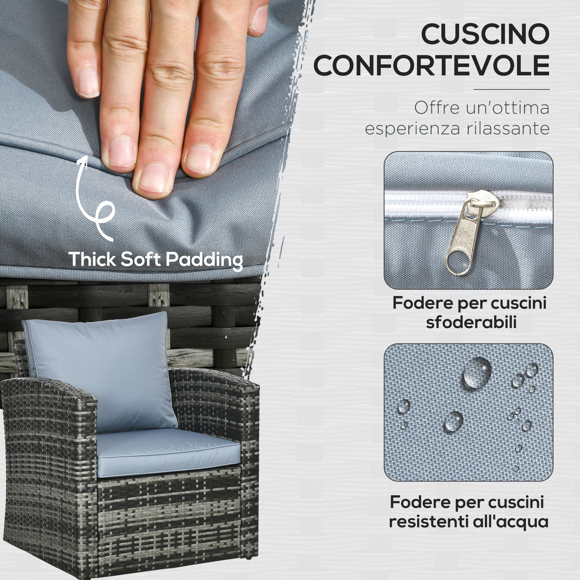 6-Piece Outdoor Set with 2 Storage Tables, 2 Sofas and 2 Armchairs, in Rattan and Steel, Grey
