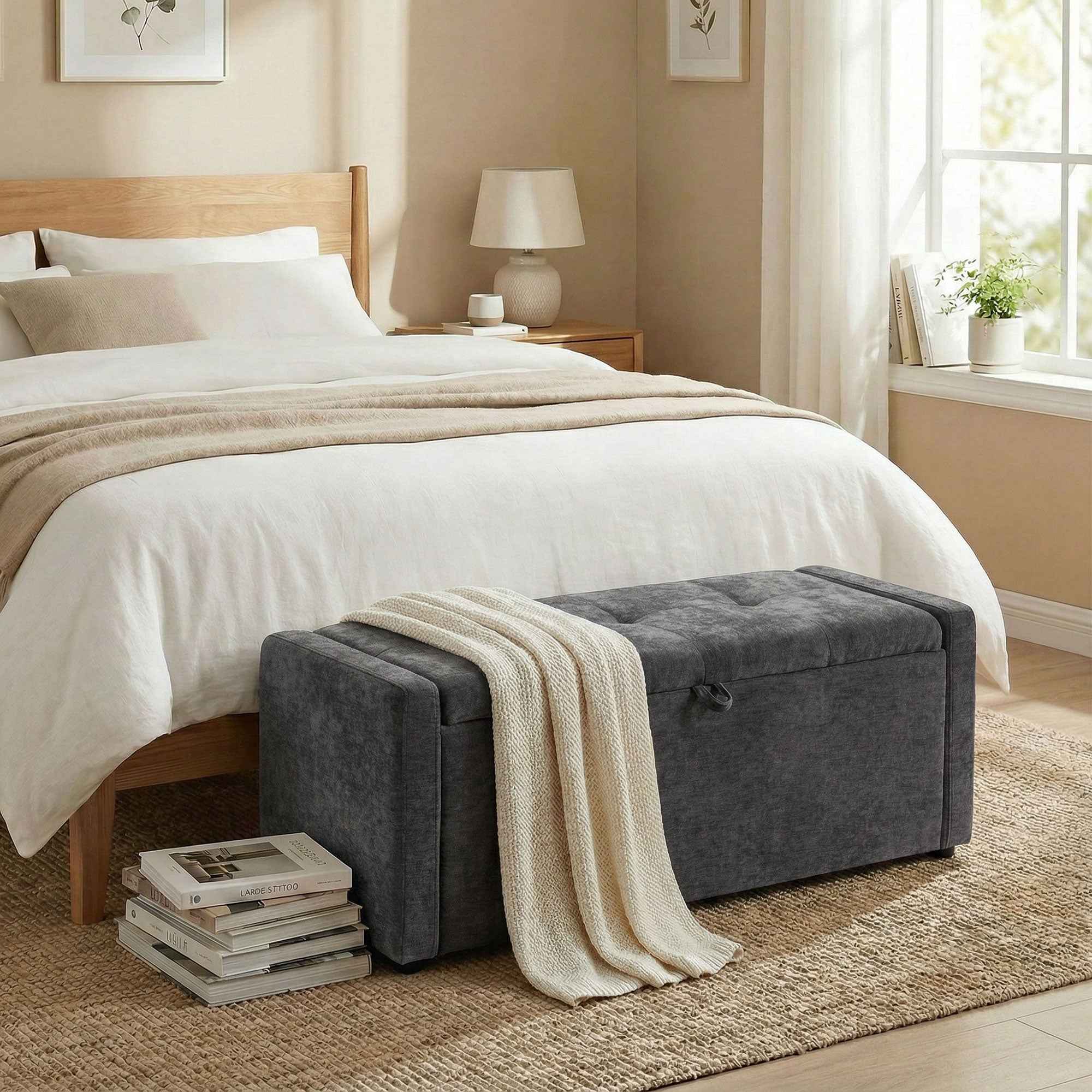 HOMCOM 142L Storage Ottoman, Wide Padded Seat, Linen, 200 kg Capacity, Dark Grey