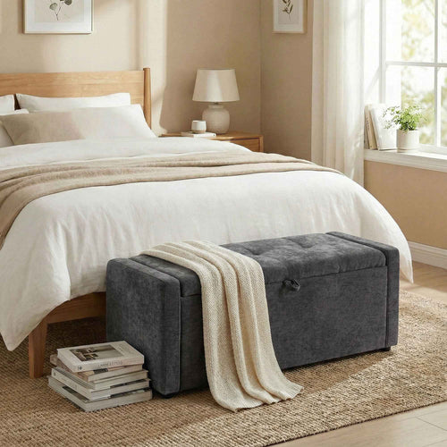 HOMCOM 142L Storage Ottoman, Wide Padded Seat, Linen, 200 kg Capacity, Dark Grey
