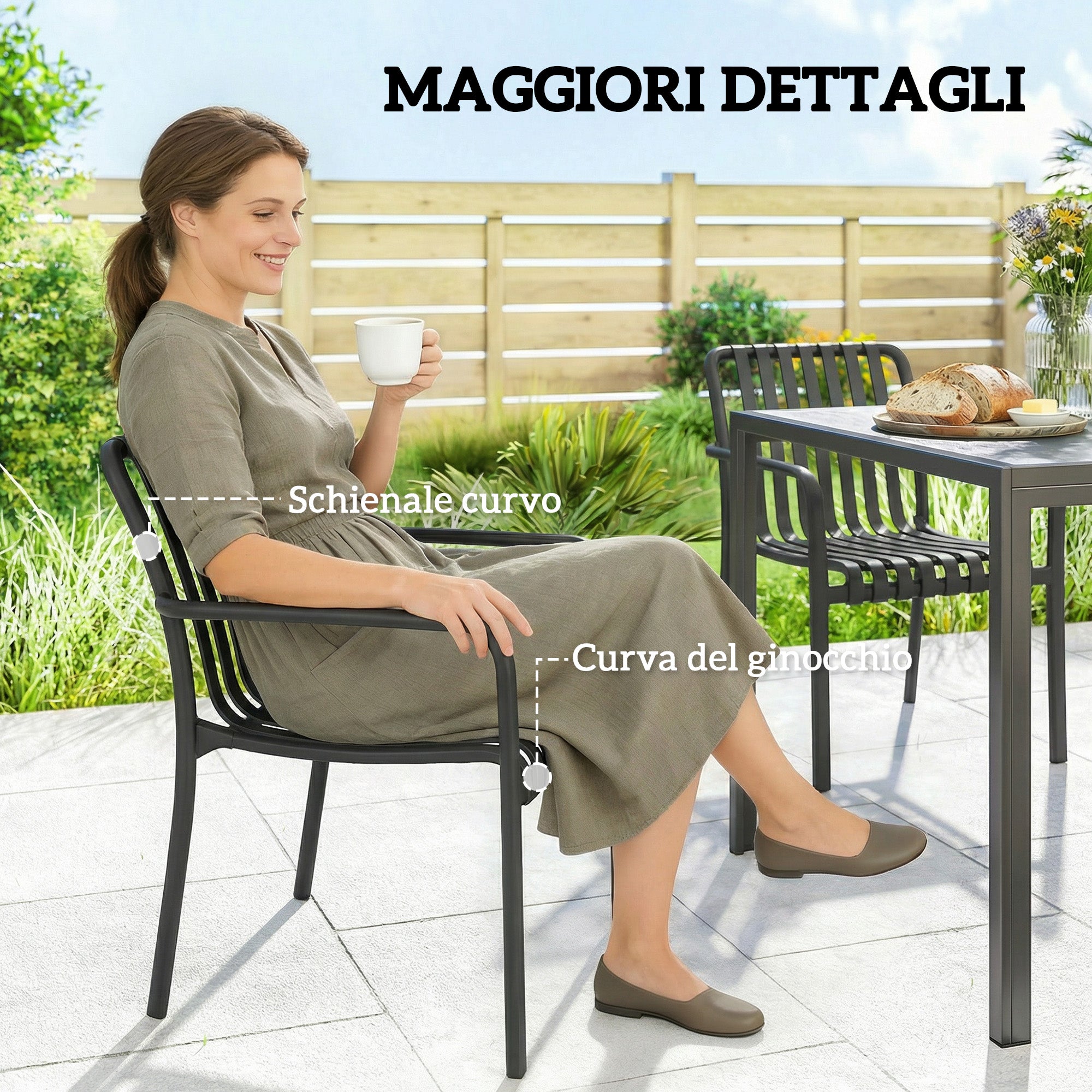 Outsunny Set of 4 Stackable Patio Chairs, Outdoor Dining Chairs with Curved Backrest, Slatted Seat and Armrests