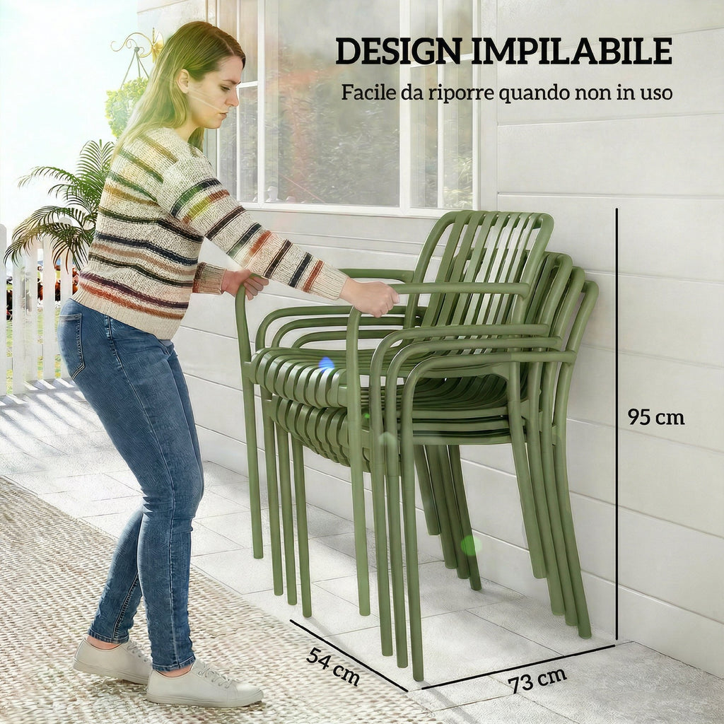 Outsunny Set of 4 Stackable Patio Chairs, Outdoor Dining Chairs with Curved Backrest, Slatted Seat and Armrests
