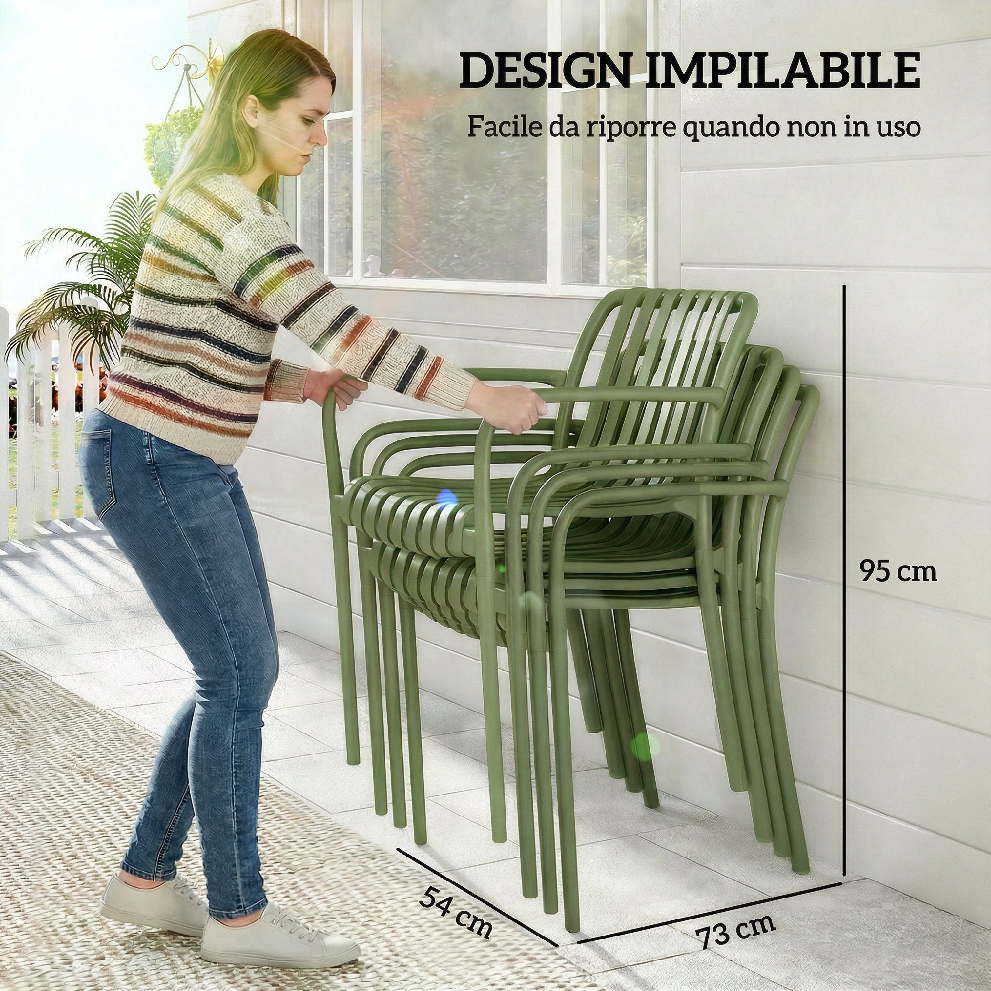 Outsunny Set of 4 Stackable Patio Chairs, Outdoor Dining Chairs with Curved Backrest, Slatted Seat and Armrests