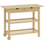 Bamboo Kitchen Cart with 2 Drawers, 2 Slatted Shelves and 2 Wheels, 100x43x75 cm, Wood