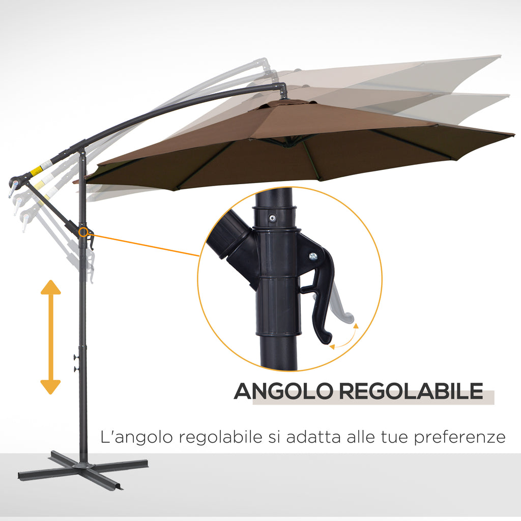 Outdoor Umbrella Ø3x2.5 m with Cross Base and Crank, in Steel and Polyester, Coffee Color