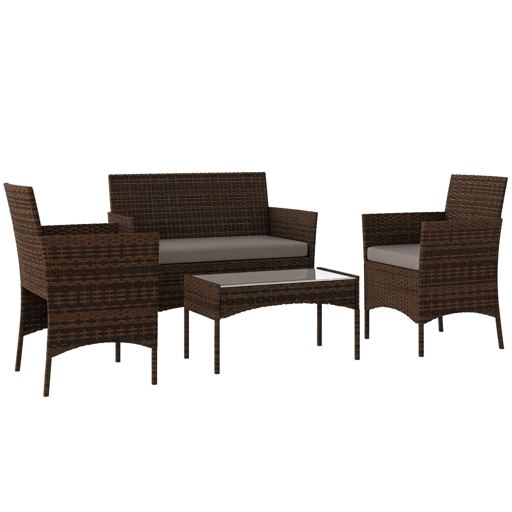 Outsunny 4-Piece Garden Set with 2-Seater Sofa, 2 Chairs and Coffee Table, in Rattan and Steel, Grey and Brown
