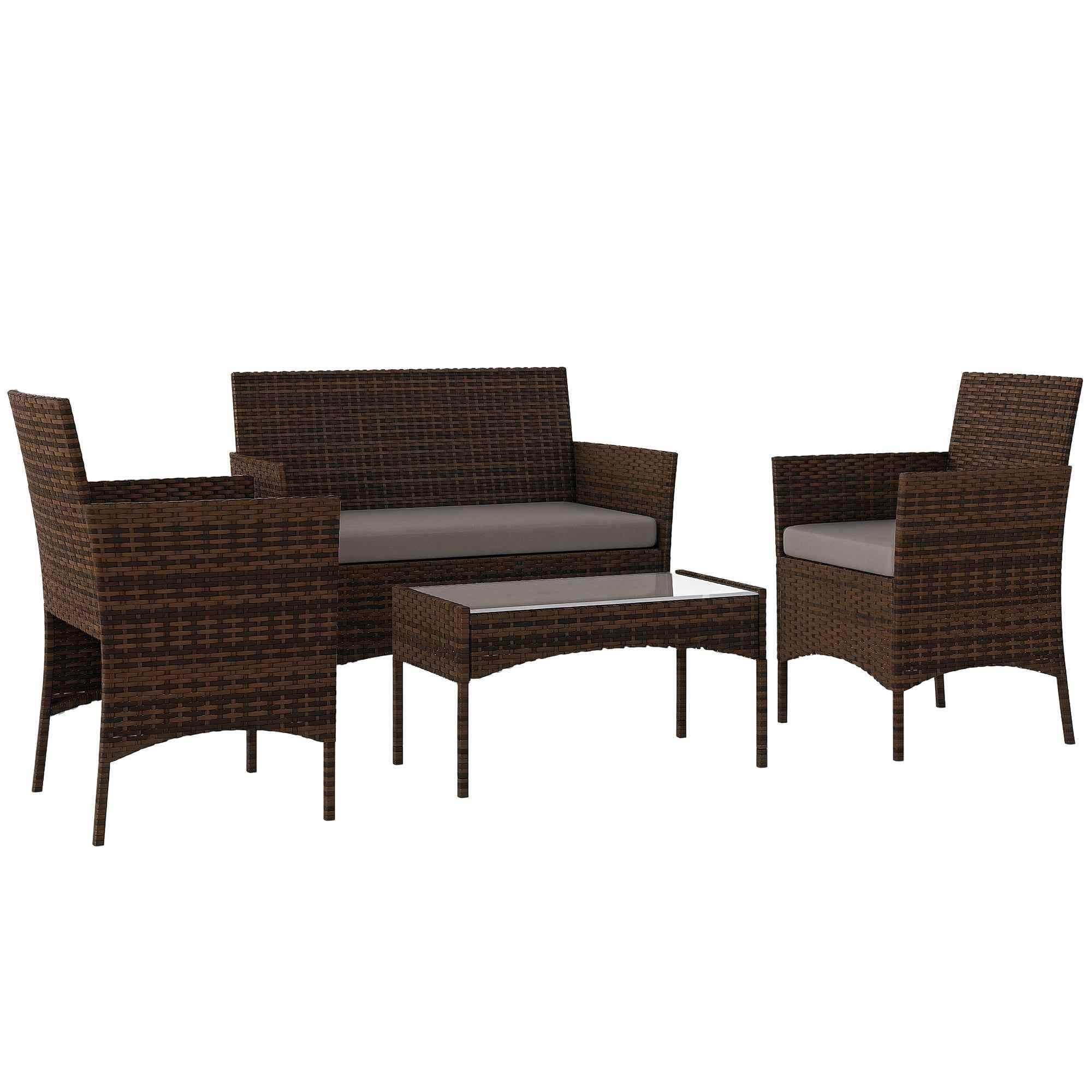Outsunny 4-Piece Garden Set with 2-Seater Sofa, 2 Chairs and Coffee Table, in Rattan and Steel, Grey and Brown
